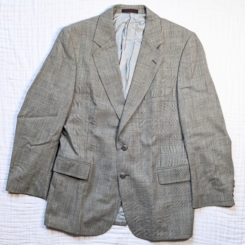 Savile Row Houndstooth Plaid Wool Blazer Jacket Men 40R Gray Academia Office